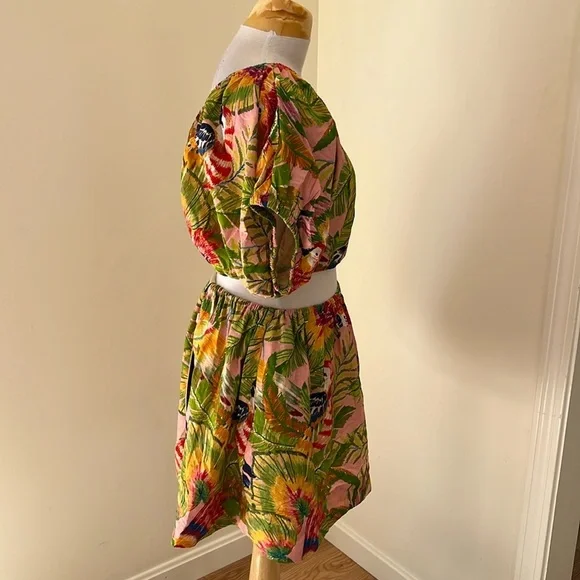 New! Farm rio medium mackaw leaves one shoulder mini dress with pockets.